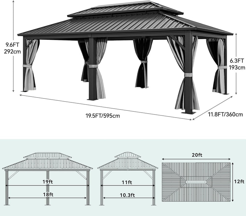 12X20FT Hard Top Metal Gazebo Patios Double Roof Canopy Aluminum Frame Garden Gazebo Tent Curtains Netting for Patios Backyards Decks Lawns Gray