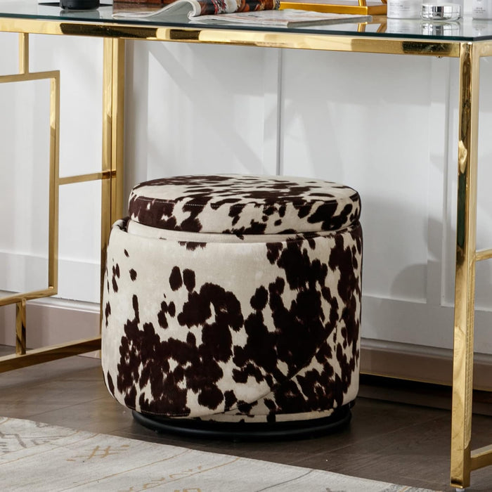 Modern round Swivel Vanity Storage Stool with Foldable Backrest, Linen Upholstered Ottoman with Removable Lid, Footrest Makeup Stool for Living Room Bedroom, Brown Milk Cow