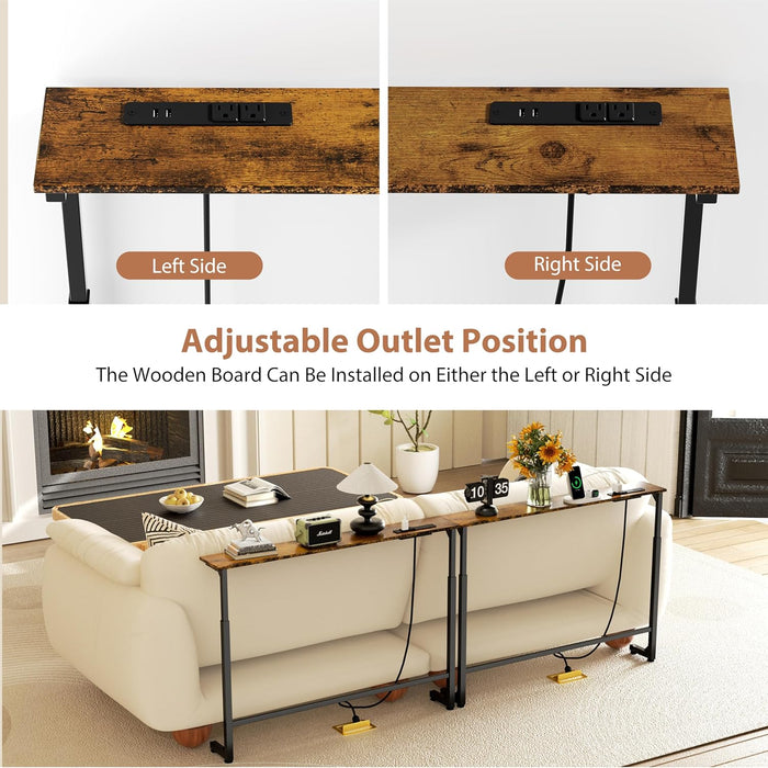 2 Pack Adjustable Height Narrow Console Table with Power Outlets, 90" Long Sofa Table with Charging Station behind Couch Table Entryway Table for Living Room and Hallway – Rustic Brown