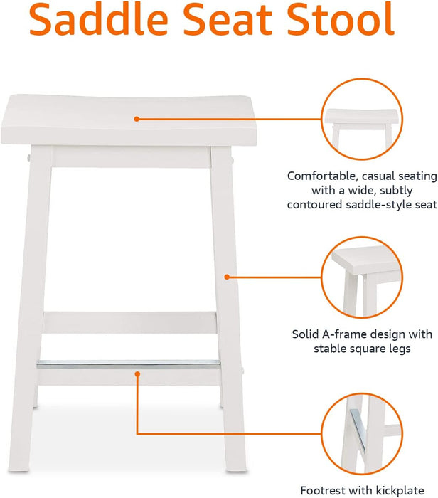Solid Wood Saddle-Seat Counter Height Kitchen Island Barstool, 24-Inch Height, White - Set of 2