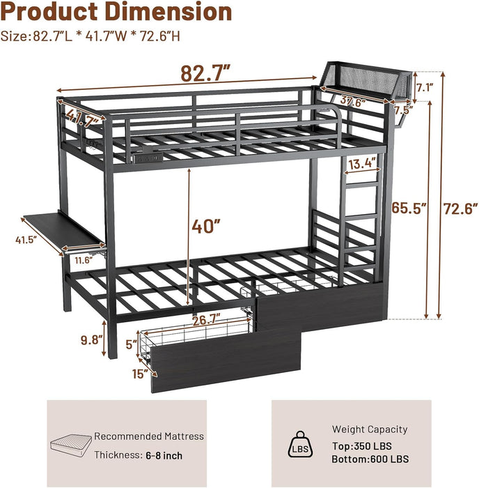 Bunk Bed with Reversible Foldable Desk,Upper Bunk Storage and 2 Storage Drawers Twin XL Bunk Bed with LED Lights and Charging Station,Bunk Beds with Safety Guardrail & 4 Hooks,Space-Saving, Black