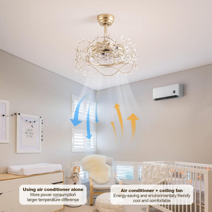 20" Gold Fandelier Ceiling Fan with Light, Flower Crystal Chandelier Ceiling Fan with Light and Remote Control, Modern Caged Enclosed 6 Speeds for Girl'S Bedroom, Nursery, Living Room