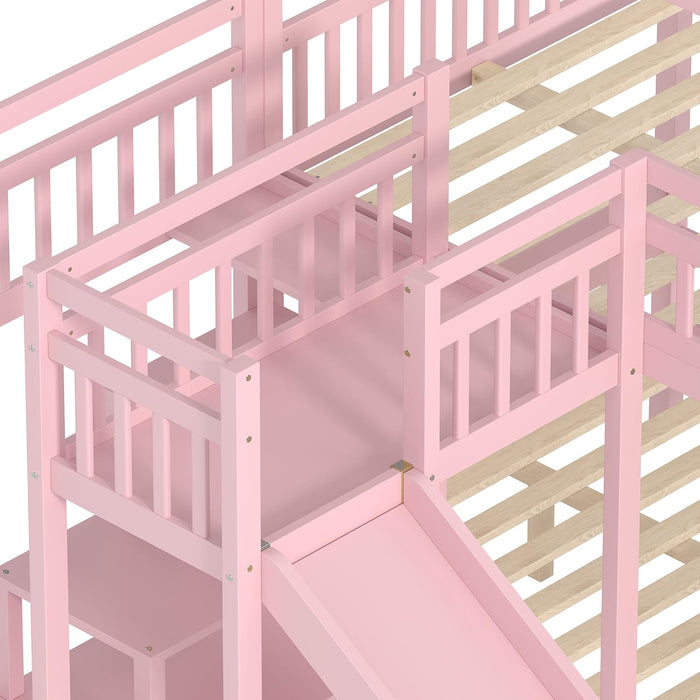 Pink FullOverFullBunkBed PlayhouseWithStairs Storage