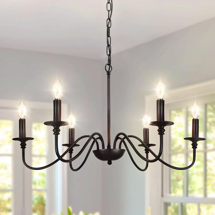 Farmhouse Chandelier for Dining Room: 6-Light Black Industrial Kitchen Island Pendant Light Fixture with 6 E12 Bulbs - Rustic Candle Chandeliers Vintage Modern Hanging Ceiling Lamp for Bedroom