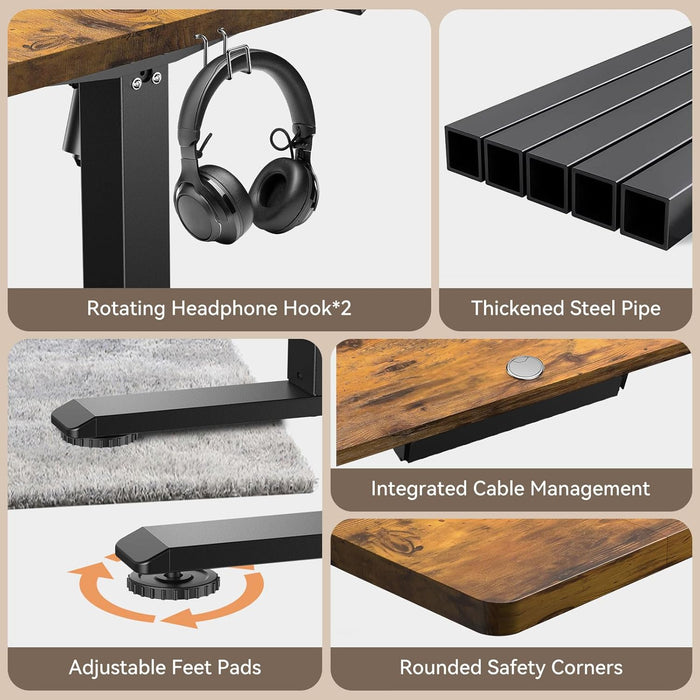 Height Adjustable Electric Standing Desk, 48 X 24 Inches Sit Stand up Desk, Memory Computer Home Office Gaming Desk with 3 Preset Heights, Cable Management Box,2 Hooks & 4 Velcro Cable Tie, Brown