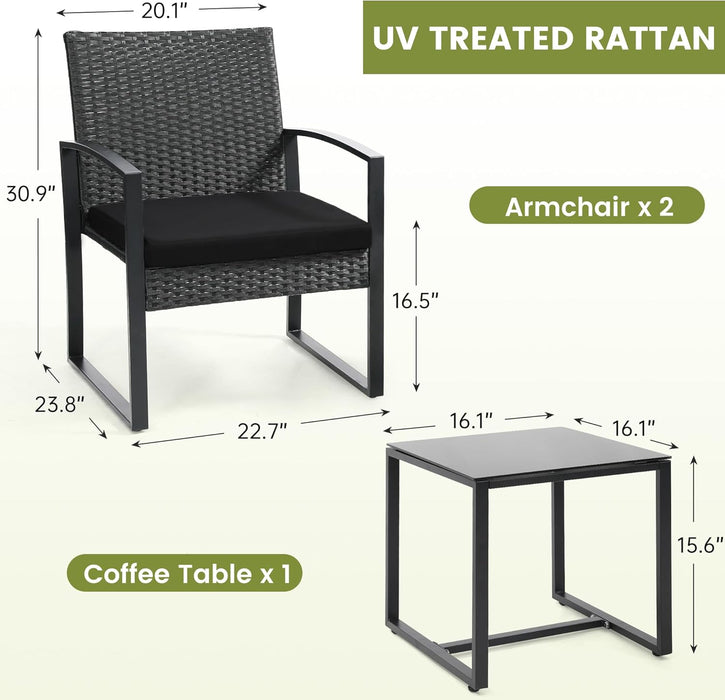 3 Piece Wicker Patio Bistro Set, Rattan Conversation Set with Coffee Table, for Balcony, Porch, Garden, Yard, Poolside, Black Frame with Black Cushion