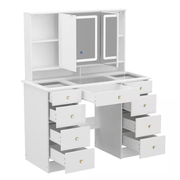 White Makeup Vanity Desk 9 Drawers Wood Dressing Table with 3 Mirrors, Glass Top, Hidden Storage Shelves, LED Lighted