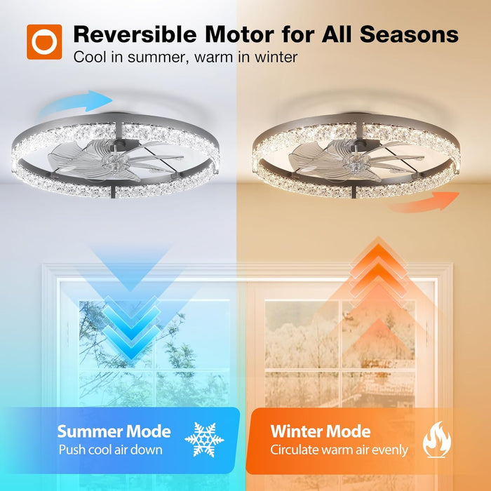 Ceiling Fans with Lights and Remote, 24'' Low Profile Flush Mount Ceiling Fan, 3000–6000K Dimmable LED Fandelier, Bladeless Crystal Fan Light for Bedroom, Kitchen, Living Room, Black
