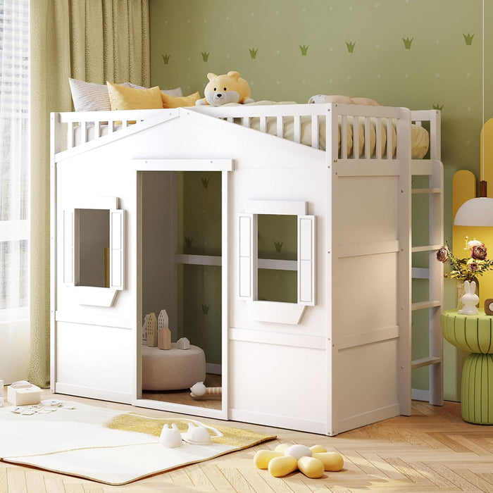 Twin Size House Loft Bed, Wooden Bed Frame with Ladder, Kids Playhouse Bed with Window for Girls Boys, White