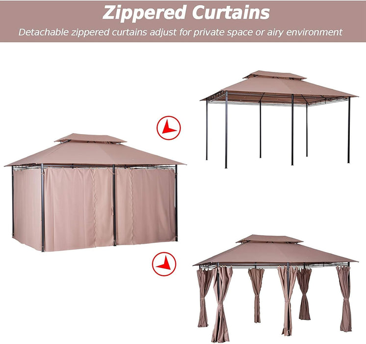 10' X 13' Patio Gazebo, Outdoor Gazebo Canopy Shelter with Curtains, Vented Roof, Steel Frame for Garden, Lawn, Backyard and Deck, Khaki
