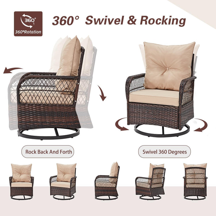3 Piece Patio Set, Outdoor Swivel Rocker Patio Chairs with Thick Cushions and Glass Table for Balcony Front Porch Poolside Garden Deck, Beige