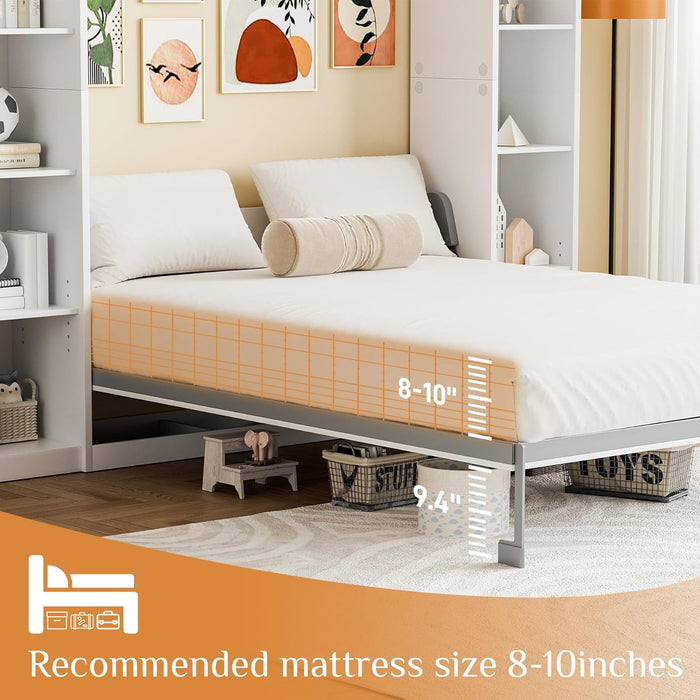 Murphy Bed Queen with Storage Bookcase & 4 Adjustable Shelves, Queen Murphy Bed Cabinet Bed, Foldable Space Saving Furniture Beds, Wood Wall Bed for Guest Room, Bedroom, White