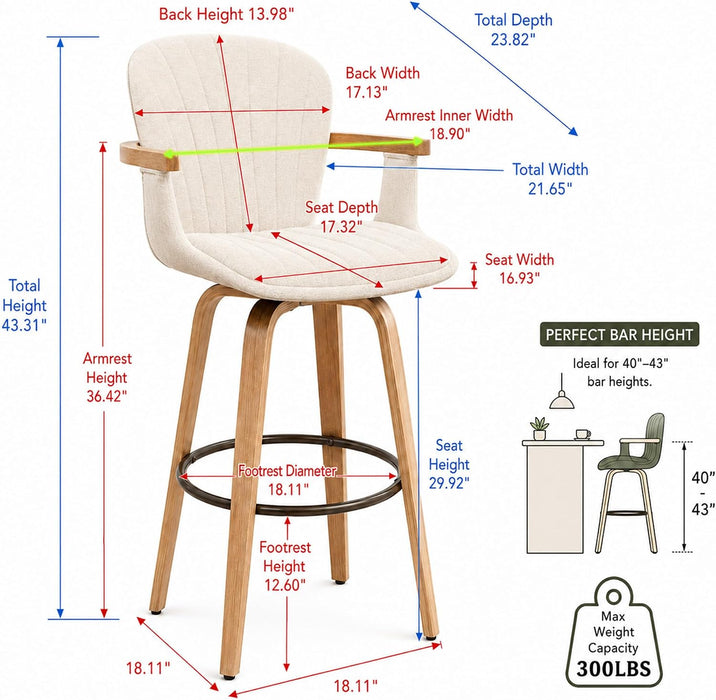 30" H Bar Height Swivel Bar Stools with Back and Arm Accent Barstools Chair