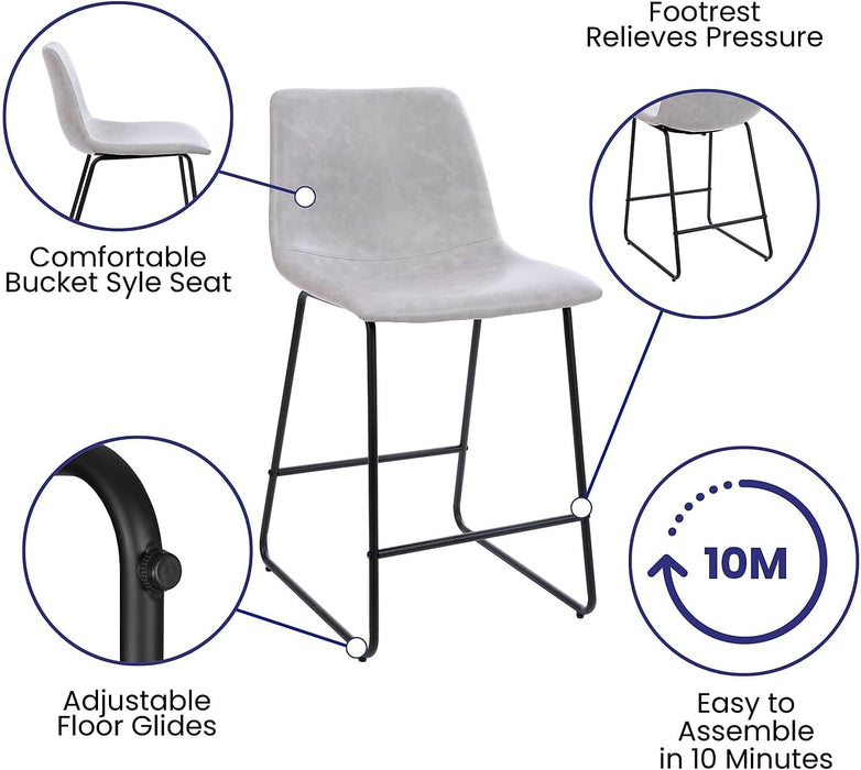 Reagan 24" Leathersoft Counter Height Stools with Footrest, Mid-Century Modern Bucket Style Dining Chairs, Set of 2, Light Gray