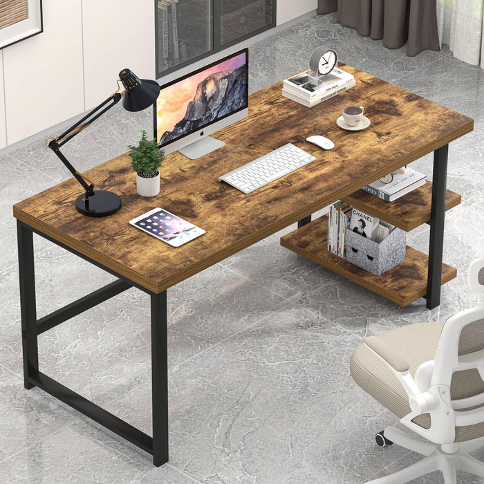 Modern Computer Desk, Home Office Desk with Storage Shelf, Wood Study Writing Table Workstation for Bedroom Living Room, Rustic Brown, 53 Inch