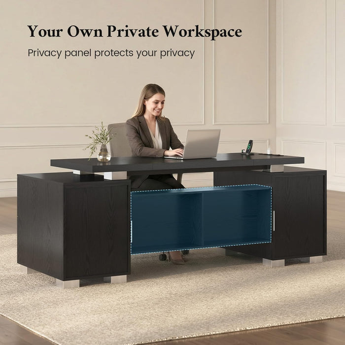 80.6" Executive Desk with Power Outlet and File Drawer, Modern Home Office Desk with 3 Large Cabinets and Privacy Panel, Business Furniture for Home Office, Living Room, Black