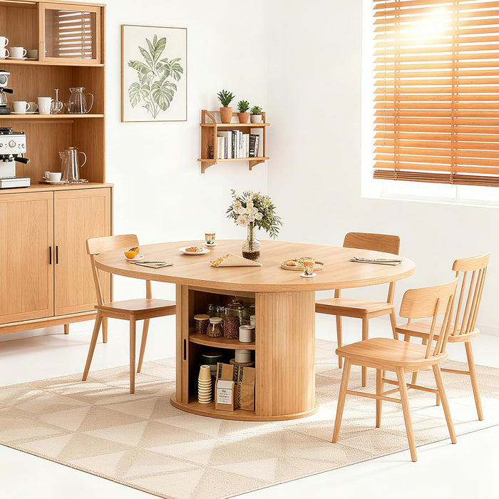 Extendable round Dining Table for 2-4-6, 63 Inch Dining Room Kitchen Table with 2-Tier Storage Shelf, Modern Farmhouse Fluted Wood Slide Door Dinner Furniture,Oval Circle (Oak-63 Inch)
