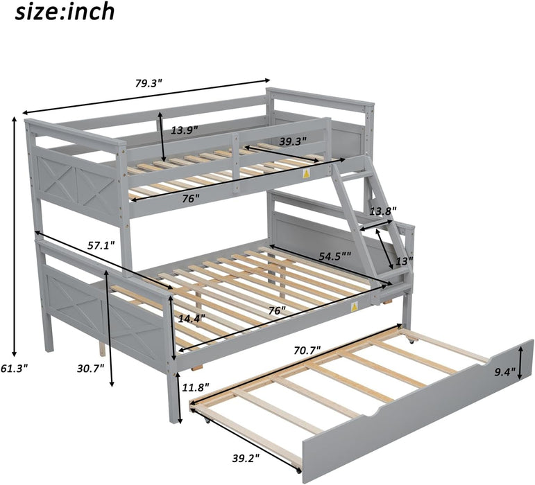 Trundle Bunk Bed, Twin over Full Wood Bunk Bed with Twin Size Trundle, Solid Wood Bunk Bed Frame with Guardrail and Ladder, Grey