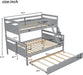 Trundle Bunk Bed, Twin over Full Wood Bunk Bed with Twin Size Trundle, Solid Wood Bunk Bed Frame with Guardrail and Ladder, Grey