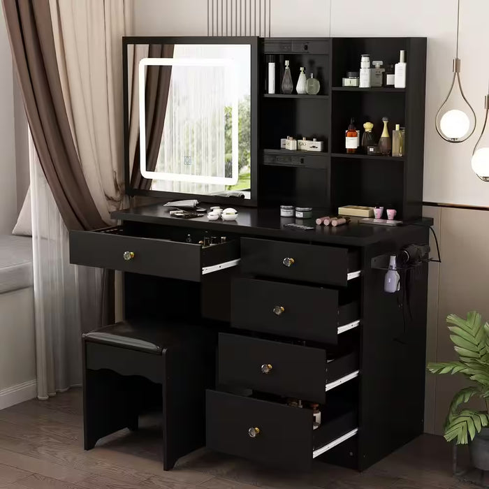 Black Makeup Vanity Set Dressing Table with Sliding LED Lighted Mirror Power Strip and Hair Dryer Holder, Drawers, Stool