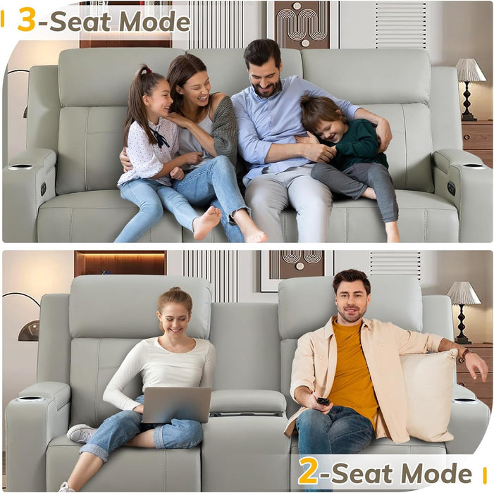 Power Recliner Sofa, Home Theater Seating with Adjustable Headrest, Blue LED Lighting, Reclining Loveseat, Flip-Up Backrest Storage, Multi-Port Charger, Cup Holder, USB