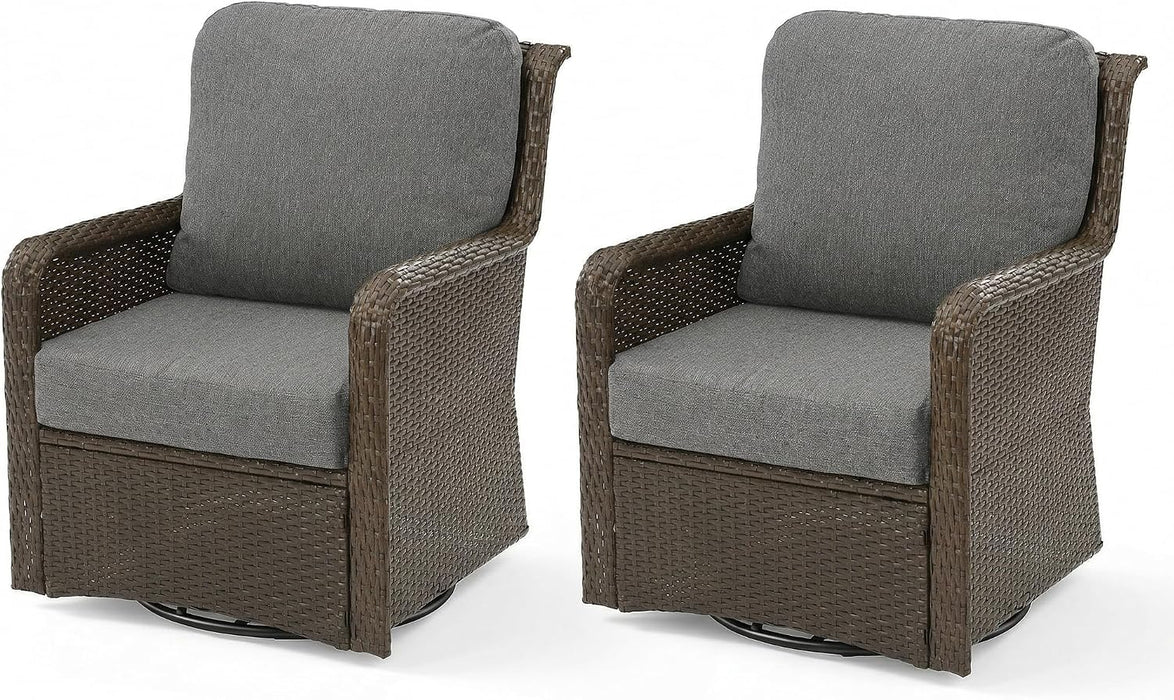 360° Swivel Wicker Patio Chair Set of 2, Handwoven PE Rattan, 5.5" Thick Olefin Cushions, Weatherproof Conversation Seating for Porch Deck Backyard, Brown/Gray