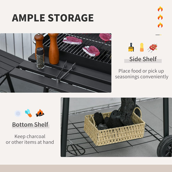 30" Portable Barrel Charcoal BBQ Grill, Steel Outdoor Barbecue Smoker with 370 Square Inches Cooking Space, Storage Shelf, Wheels for Garden Camping Picnic, Black