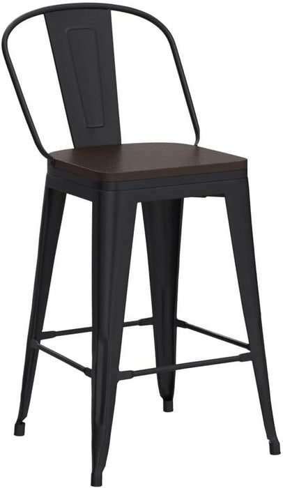 Metal Bar Stools Set of 4,24 Inch Barstools Counter Height Barstools with Backs Farmhouse Bar Stools with Larger Seat High Back Kitchen Dining Chairs Modern Bar Chairs Matte Black Stool