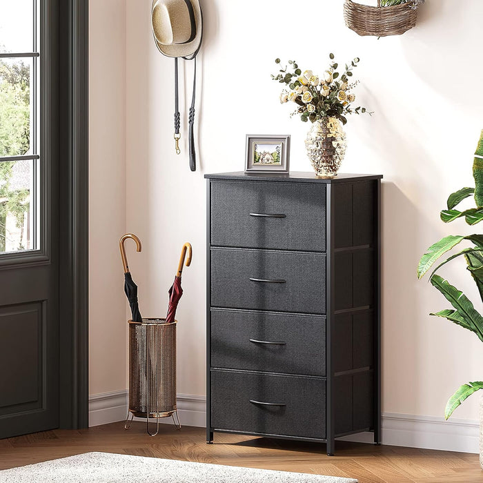 Dresser for Bedroom with 4 Storage Drawers, Small Dresser Chest of Fabric Drawers with Sturdy Steel Frame, Wood Top, Black