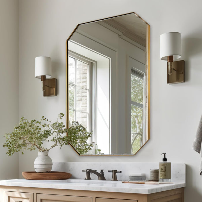 Gold Octagon Bathroom Mirror, 24X36 Inch Stainless Steel Metal Frame, Anti-Rust, Shatterproof HD Glass, Wall Mounted for Bathroom, Bedroom, Living Room