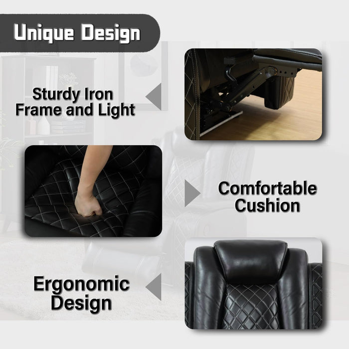 Leather Power Recliner Sofa Set with LED, Living Room Furniture Set, Leather Sofa Set with USB Port Storage Console Cup Holder (Power Reclining Sofa Set, Black)