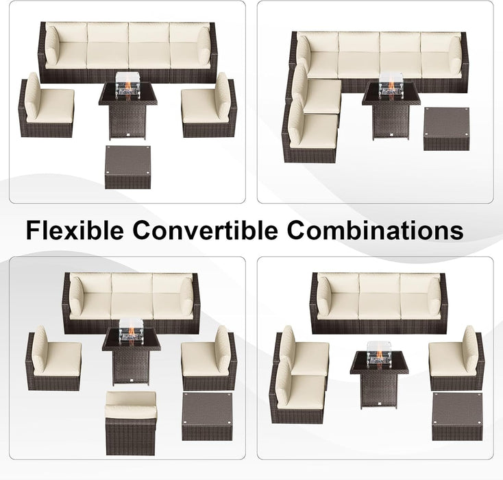 8 Pieces Wicker Patio Furniture Set with Fire Pit Table (Brown/Beige), Perfect for Outdoor, Deck, Garden, Poolside, Includes Splashproof Anti-Slip Cushions and 2 Pillows