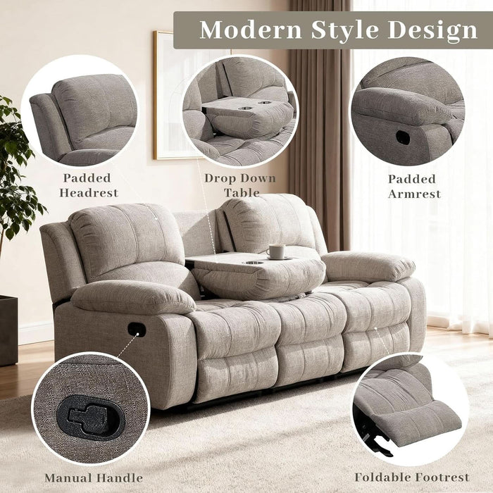 Soft Microfiber Reclining Sofa Set, Drop down Table, Cupholder Console, Living Room Set, Sofa Loveseat Glider Chair 8018M (Light Grey, Sofa+Loveseat)