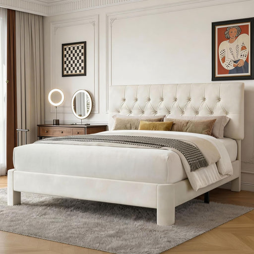 Queen Bed Frame, Velvet Fabric Upholstered Platform Bed with Button Tufted Headboard, Strong Wooden Slats Support, Noise Free, Easy Assembly, Adjustable Headboard, No Box Spring Needed, Beige | Plush Velvet, Varied Fit, Velero Design, Rounded Legs