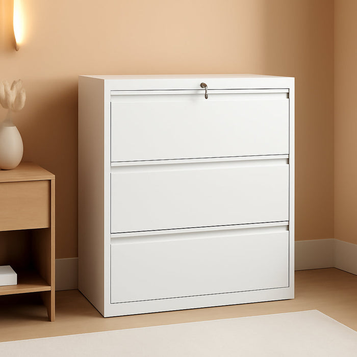 3 Drawer File Cabinet with Lock, Lateral Filing Cabinets,Metal Storage Filing Cabinets for Home Office, Heavy Duty File Cabinet for Letter/Legal/A4/F4 Size Amsseble Required, White