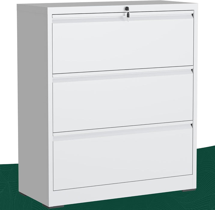 3 Drawer File Cabinet with Lock, Lateral Filing Cabinets,Metal Storage Filing Cabinets for Home Office, Heavy Duty File Cabinet for Letter/Legal/A4/F4 Size Amsseble Required, White