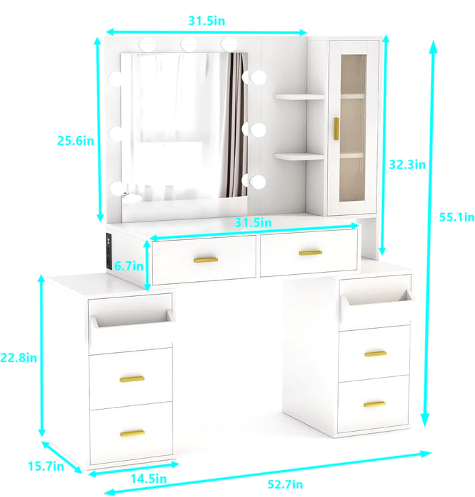 Makeup Vanity Desk with Mirror and 3-Color Lights Large Vanity Desk with Charging Station Vanity Table with 8 Drawer & Glass