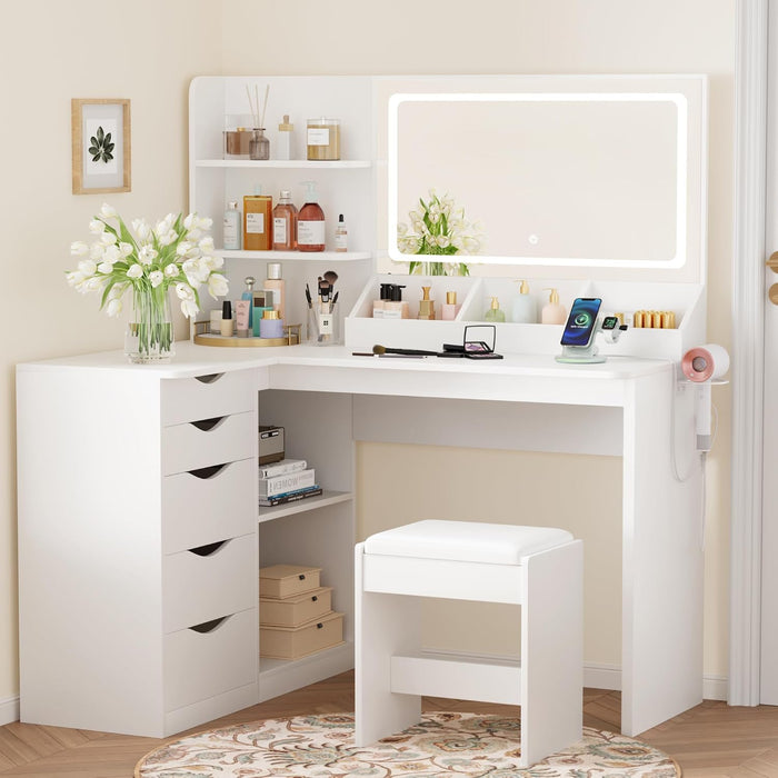Vanity Desk with Lights and Mirror, L Shaped Makeup Table, with Hairdryer Holder and Fast Charging, Adjustable 3 Lighting Modes, 5 Drawers and Adjustabled Open Storage Shelves, White