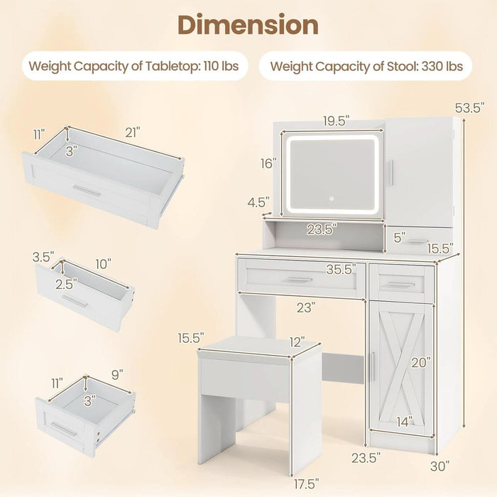 Vanity Desk with Mirror and Lights, Jewelry Storage Cabinet, Farmhouse White Makeup Vanity Desk with Charging Station, 3 Drawers, 3 Lighting Modes, Bedroom Vanity Dressing Table with Stool