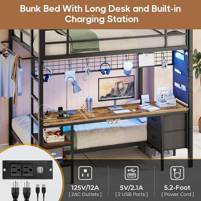 Full over Twin Bunk Bed with Desk and Charging Station Metal Full Size over Twin Loft Bed with Led Lights & Storage Shelves and Drawers for Teen,Safety Guard & Stairs,No Box Spring Needed,Black