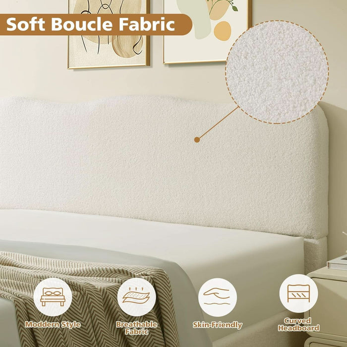 Queen Size Lift-Up Storage Bed, Upholstered Boucle Bed with Curved Headboard, Rounded Corners, Sturdy Wooden Slat Support, No Box Spring Needed, Easy Assembly, Cream White