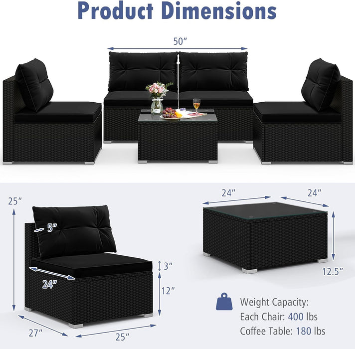 5-Piece Outdoor Patio Furniture Set, Rattan Sectional Sofa Set W/Glass-Top Coffee Table, Soft Seat & Back Cushions, Bistro Set for Garden Backyard Porch, Wicker Conversation Set (Black)