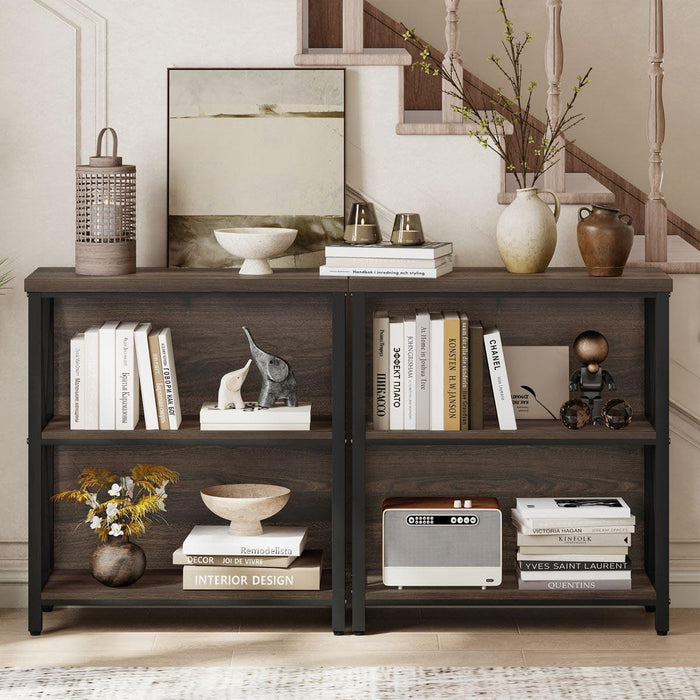 Small Bookshelf, 3 Shelf Bookcase for Living Room, Low Short Bookshelf, Industrial Wood Book Shelf and Rustic Book Case for Small Space, Home Office (Dark Walnut)