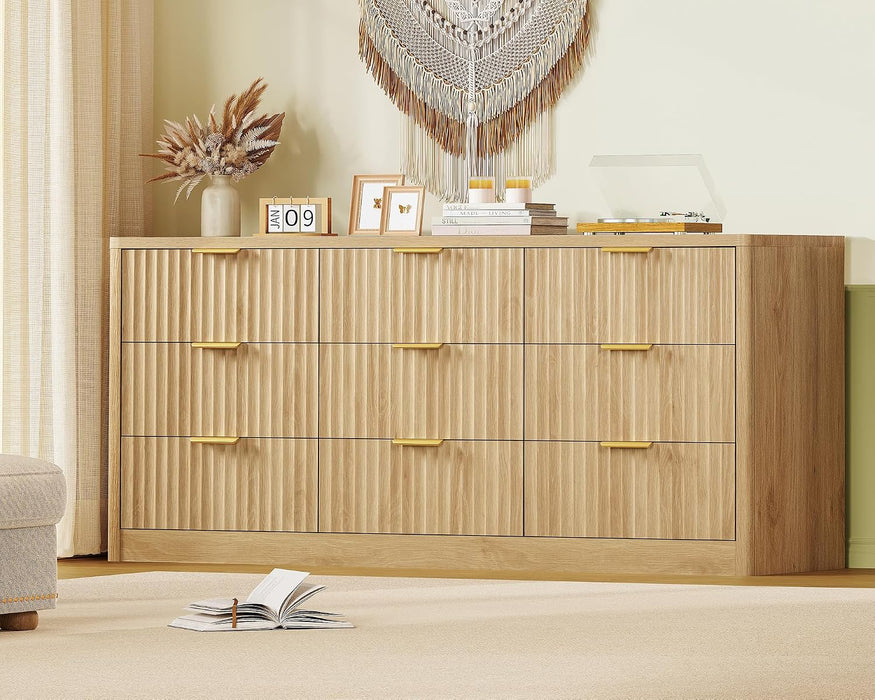 63" Dresser for Bedroom with 9 Drawers, Modern Dressers & Chest of Drawers with Metal Handles, Fluted Dresser, Wood Closet Clothes Storage Organizer for Living Room, Hallway, Natural