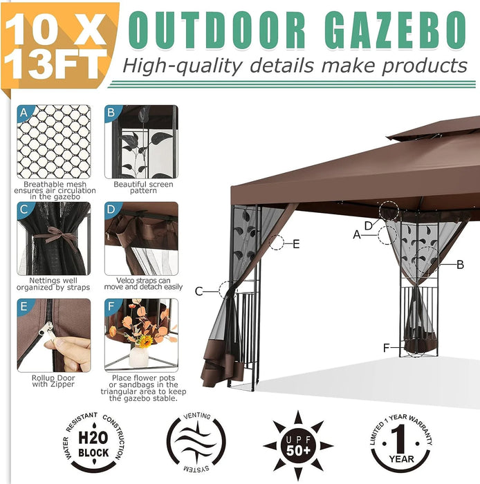 10' X 13' Pop up Gazebo, Screened Patio Gazebo, Outdoor Steel Double Roof Canopy Tent, Metal Frame Canopy with Mosquito Netting, Sunshade for Garden, Lawns, Brown