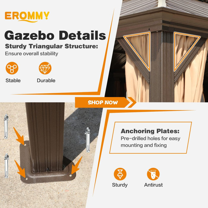 12' X 12' Gazebo Hardtop Double Roof Galvanized Steel Gazebos with Netting and Curtains Outdoor Aluminum Frame Permanent Metal Pavilion for Patio Backyard Deck and Lawns