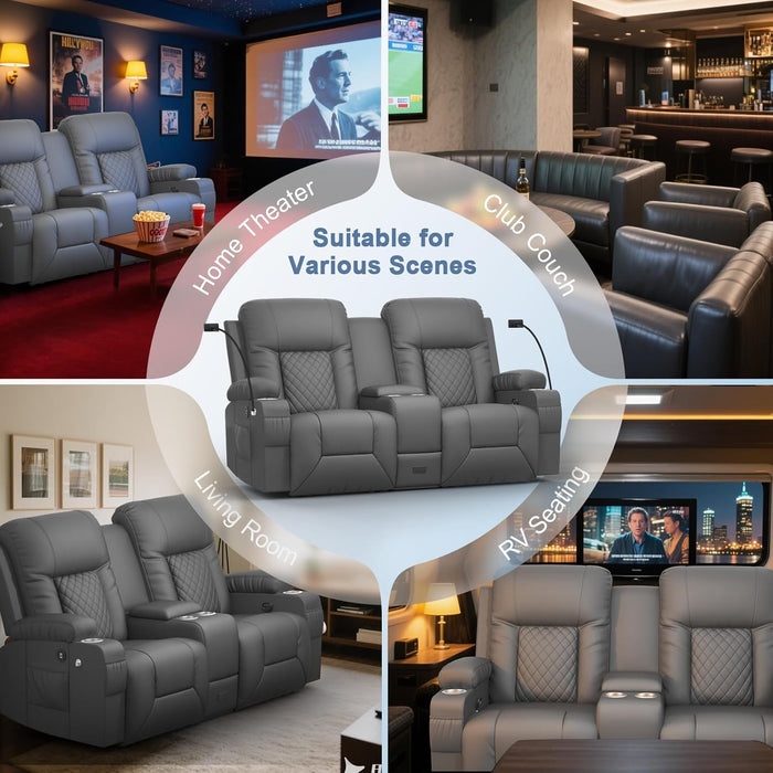 Loveseat Recliner Sofa, Home Theater Seating with Center Console, Reclining Loveseat RV Couch with USB Ports & Phone Holders, Wall Hugger RV Sofa Furniture with Storage & Pocket