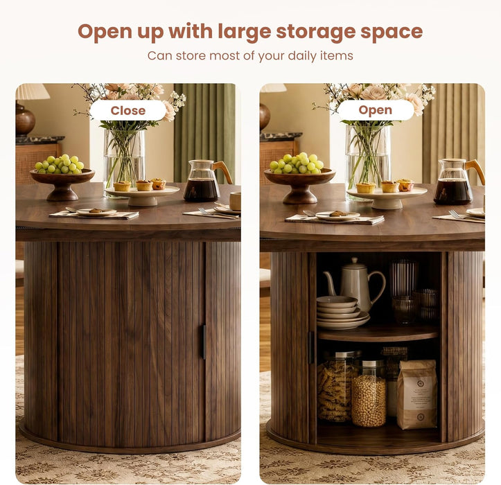 Walnut Extendable Round Dining Table Hidden Storage