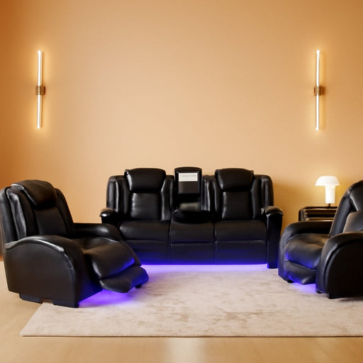Leather Power Recliner Sofa Set with LED, Living Room Furniture Set, Leather Sofa Set with USB Port Storage Console Cup Holder (Power Reclining Sofa Set, Black)