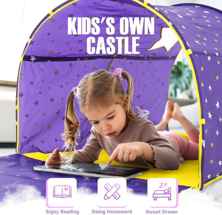 ® Starlight Bed Canopy Dream Kids Play Tents Playhouse Privacy Space Twin Sleeping Indoor Stars Boys Girls Toddlers Pop up Portable Frame Curtains Purple, Patent Pending